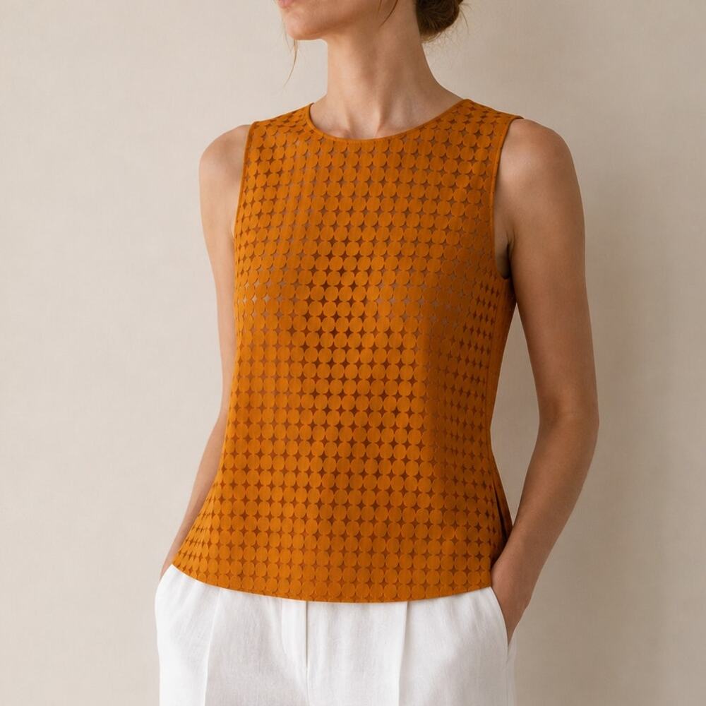 AKRIS Punto Orange Geometric Mesh Layered Sleeveless Top Blouse US Size 6